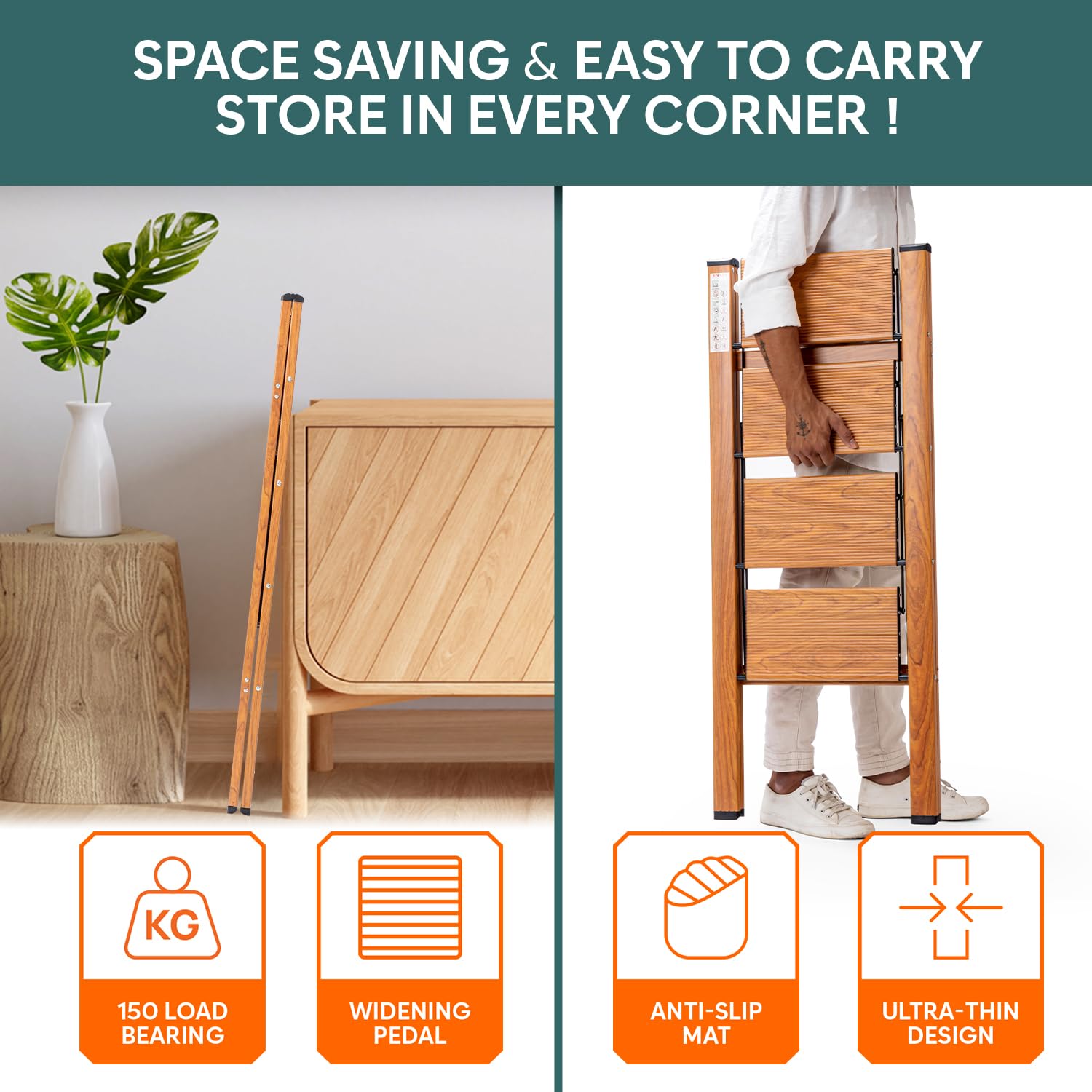 Corvids CASL-04 4-Step Aluminium Folding Step Stool Ladder, 86 cm (2.8 Ft) - Wooden Finish - photo 5