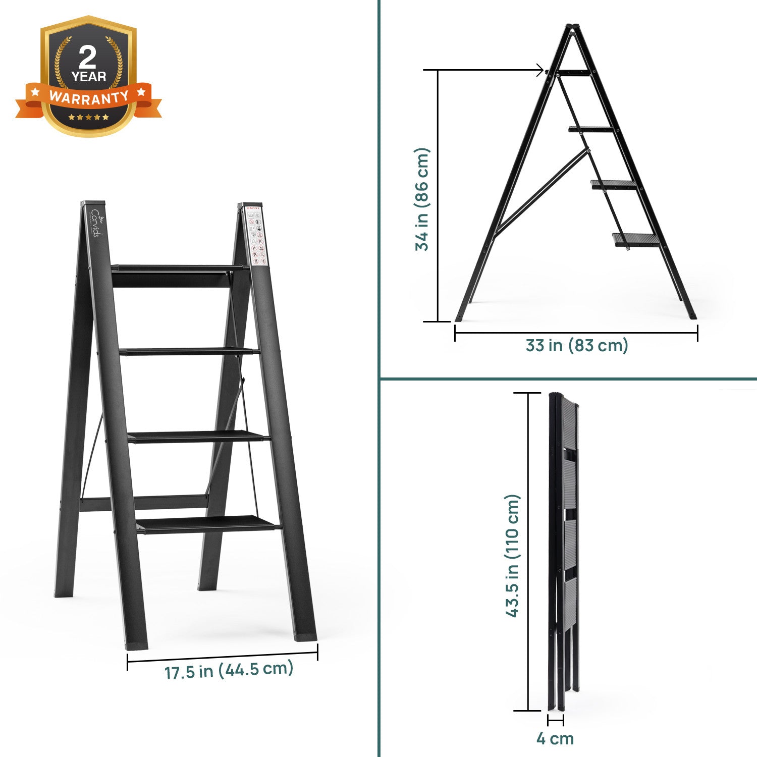 Corvids CASL-04 4-Step Aluminium Folding Step Stool Ladder, 86 cm (2.8 Ft) - White/Black - photo 7