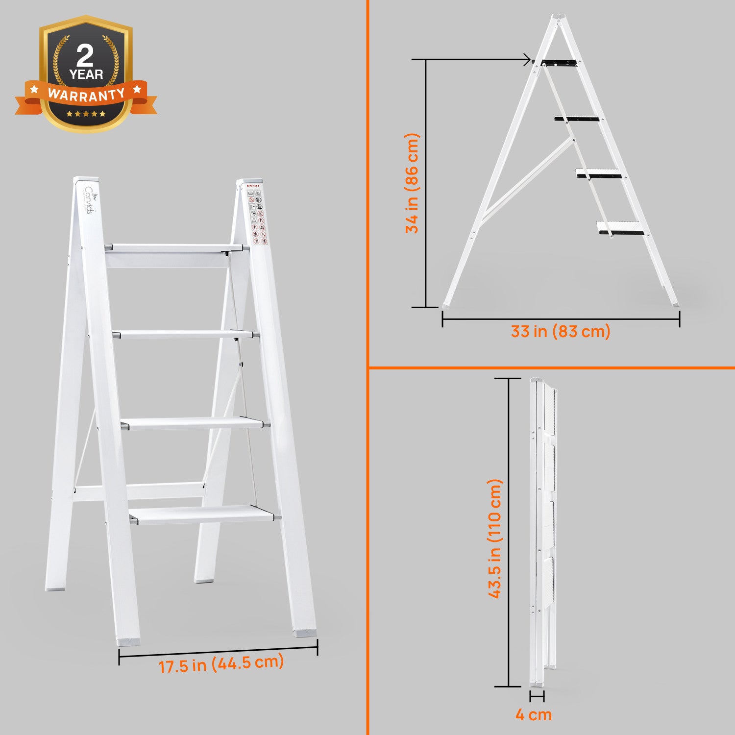 Corvids CASL-04 4-Step Aluminium Folding Step Stool Ladder, 86 cm (2.8 Ft) - White/Black - photo 3