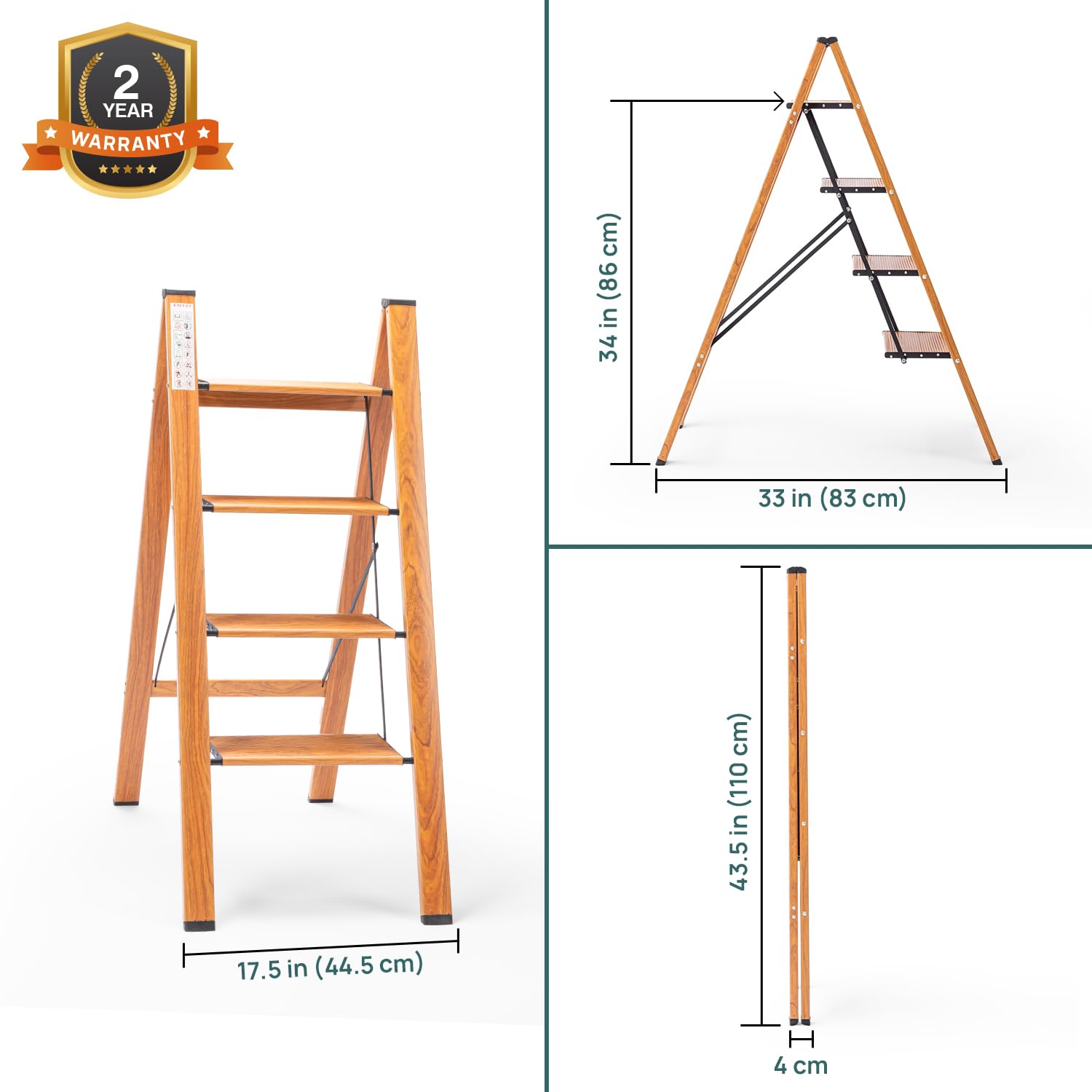 Corvids CASL-04 4-Step Aluminium Folding Step Stool Ladder, 86 cm (2.8 Ft) - Wooden Finish - photo 3