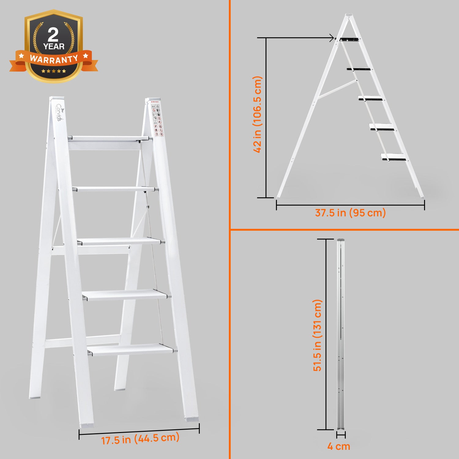 Corvids CASL-05 5-Step Aluminium Folding Step Stool Ladder, 113 cm (3.7 Ft) - White/Black - photo 3
