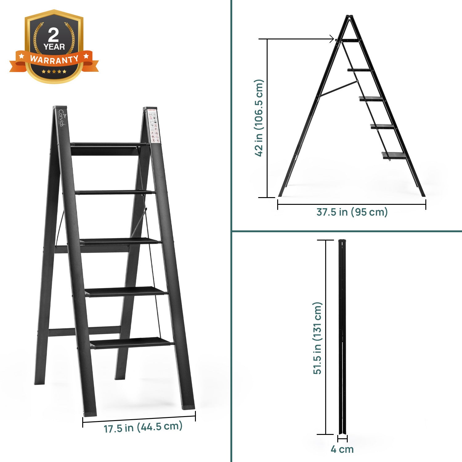 Corvids CASL-05 5-Step Aluminium Folding Step Stool Ladder, 113 cm (3.7 Ft) - White/Black - photo 7