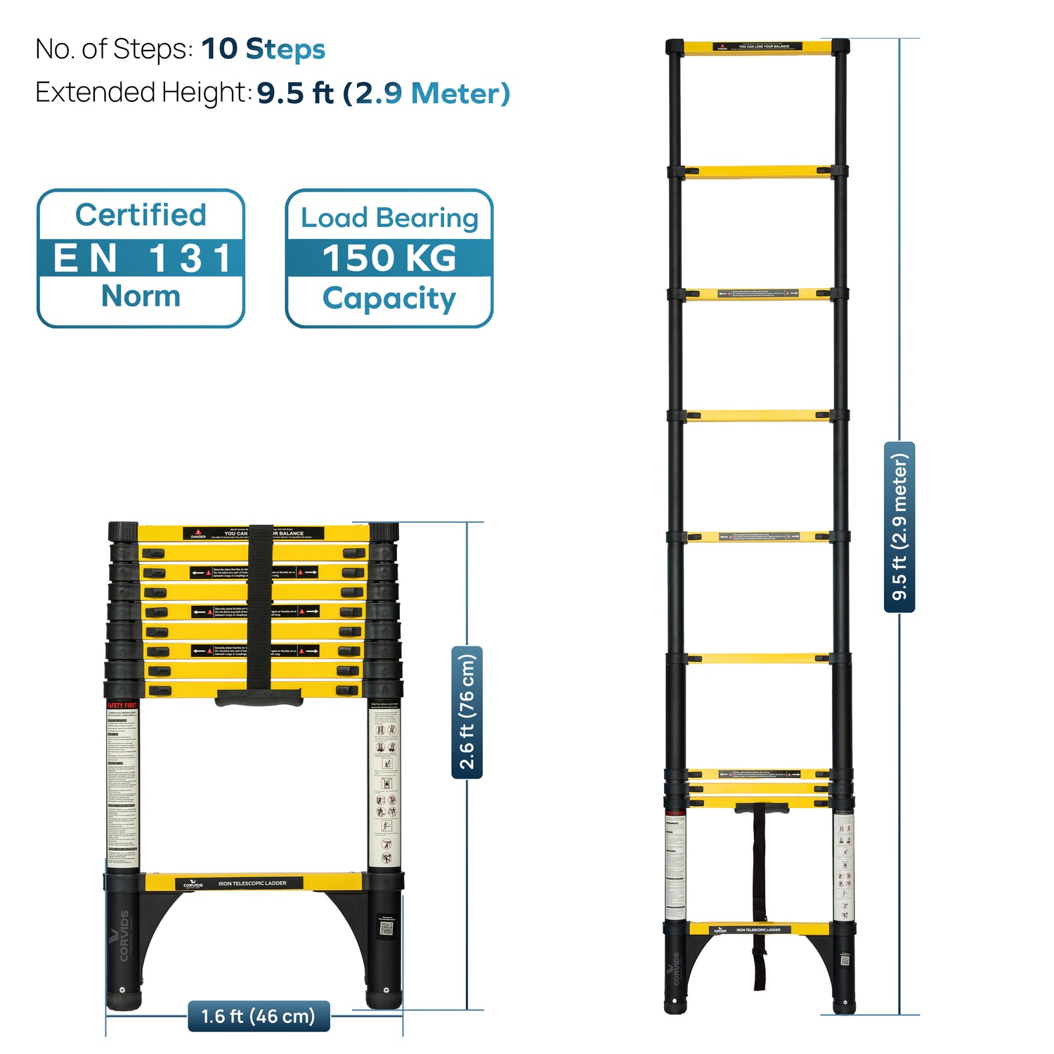 Corvids CCLT-029IR 2.9 m (9.5 Ft) Iron (Carbon Steel) Telescopic Ladder, 10 Steps - photo 3