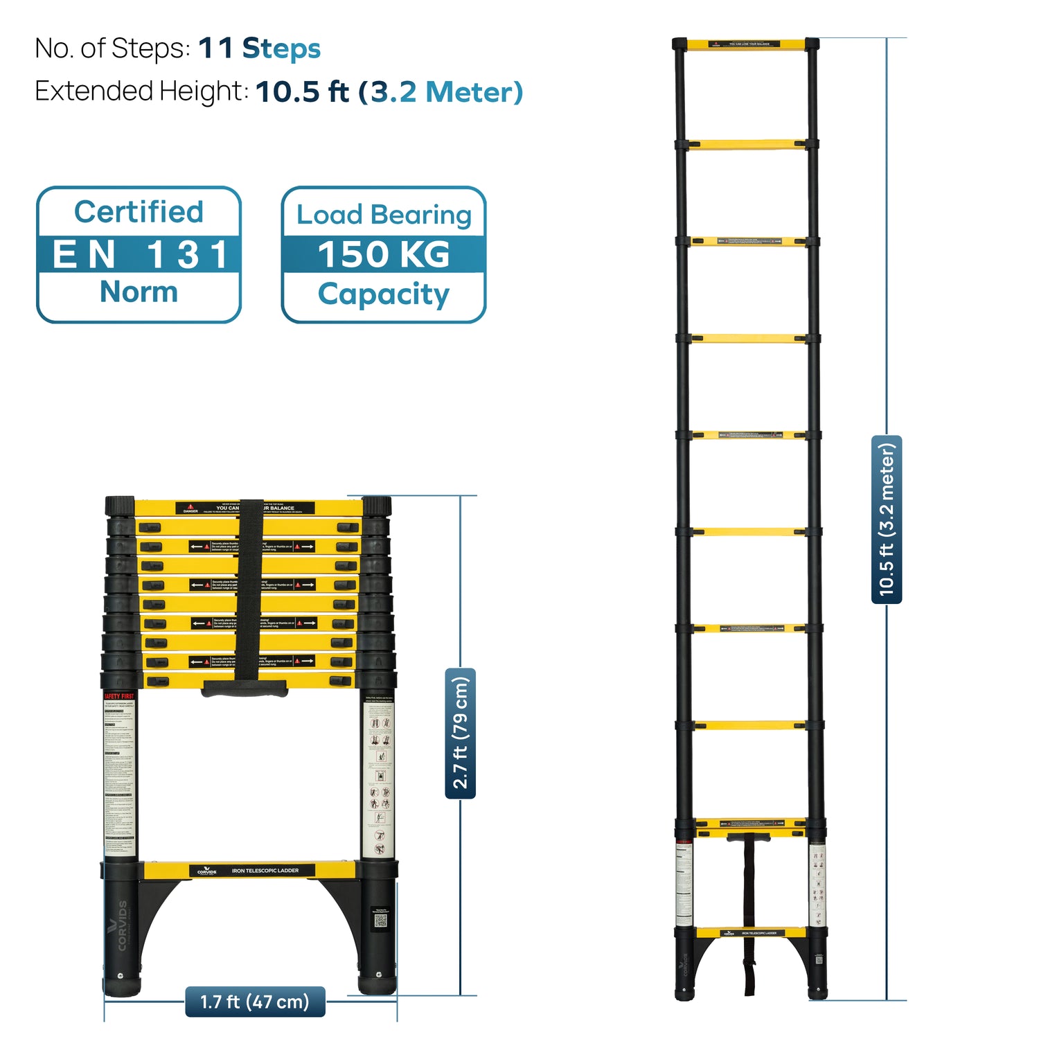 Corvids CCLT-032IR 3.2 m (10.5 Ft) Iron (Carbon Steel) Telescopic Ladder, 11 Steps - photo 3