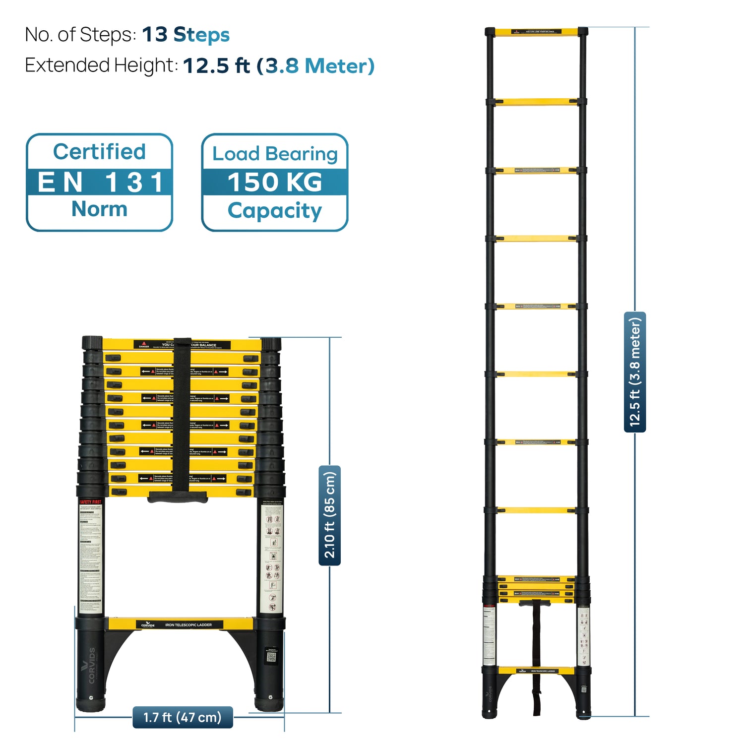 Corvids CCLT-038IR 3.8 m (12.5 Ft) Iron (Carbon Steel) Telescopic Ladder, 13 Steps - photo 3