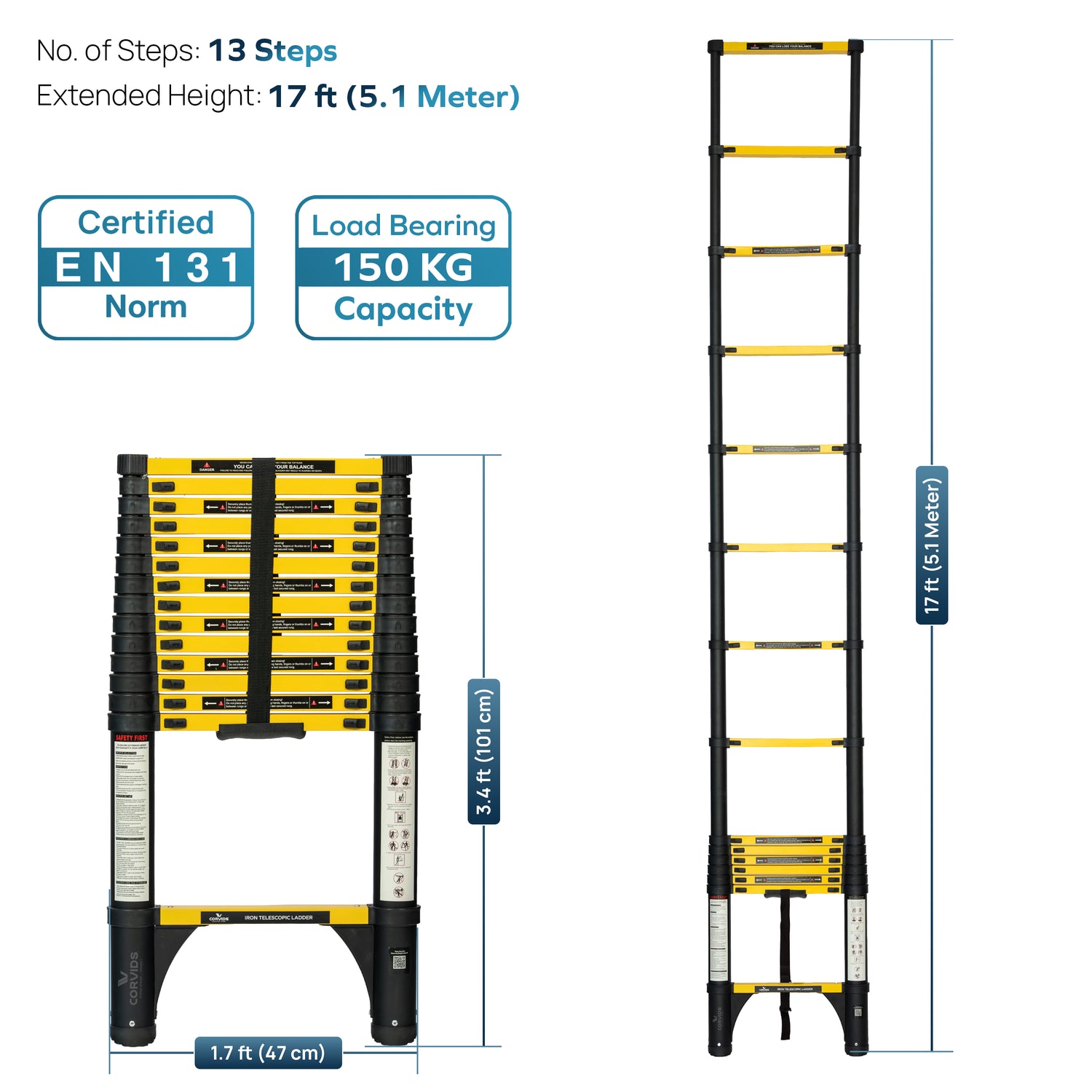 Corvids CCLT-051IR 5.1 m (17 Ft) Iron (Carbon Steel) Telescopic Ladder, 13 Steps - photo 3