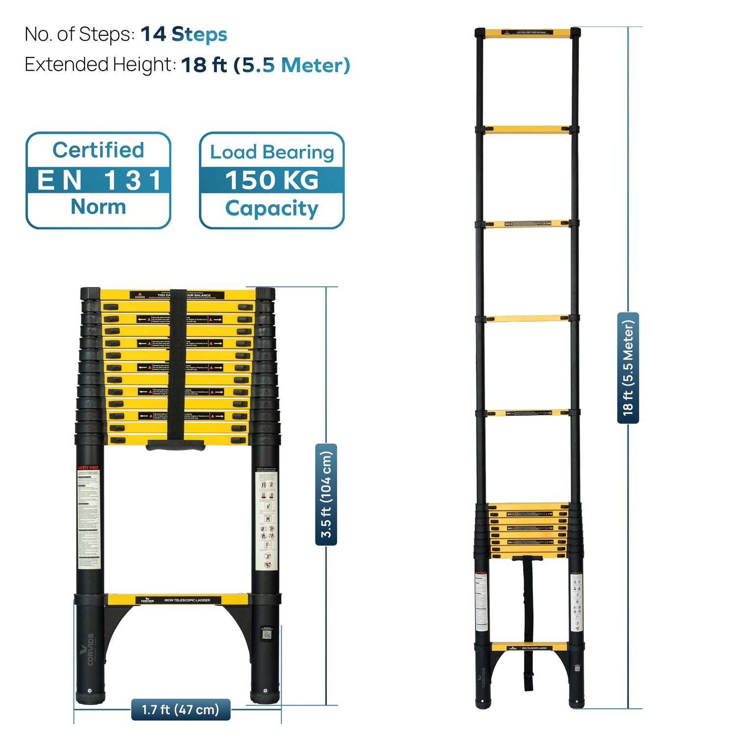 Corvids CCLT-055IR 5.5 m (18 Ft) Iron (Carbon Steel) Telescopic Ladder, 14 Steps - photo 3