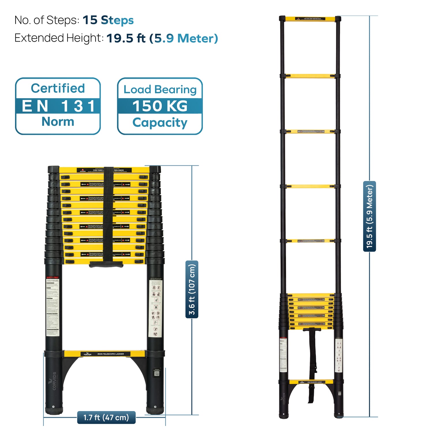 Corvids CCLT-059IR 5.9 m (19.5 Ft) Iron (Carbon Steel) Telescopic Ladder, 15 Steps - photo 3