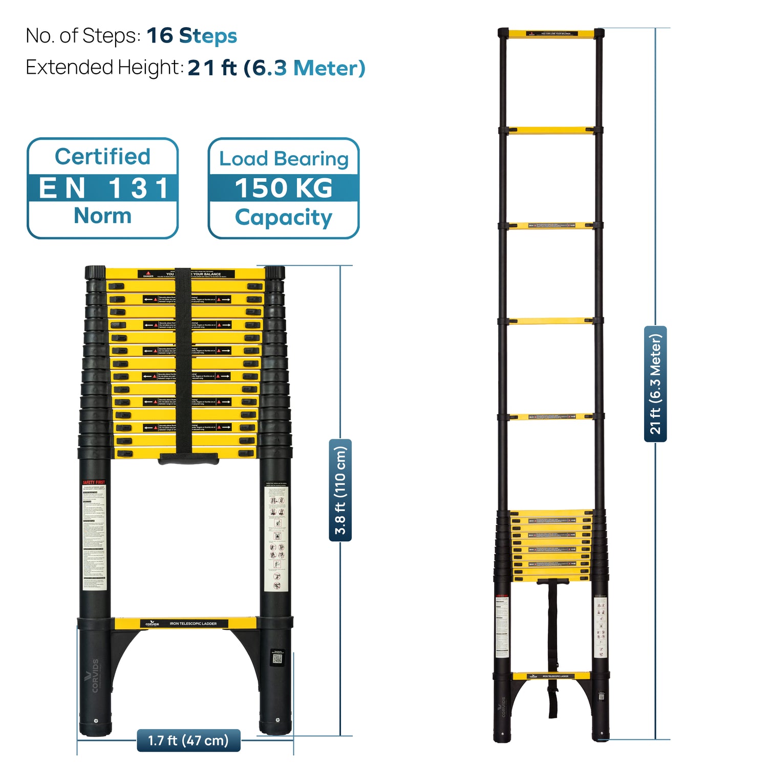 Corvids CCLT-063IR 6.3 m (21 Ft) Iron (Carbon Steel) Telescopic Ladder, 16 Steps - photo 3