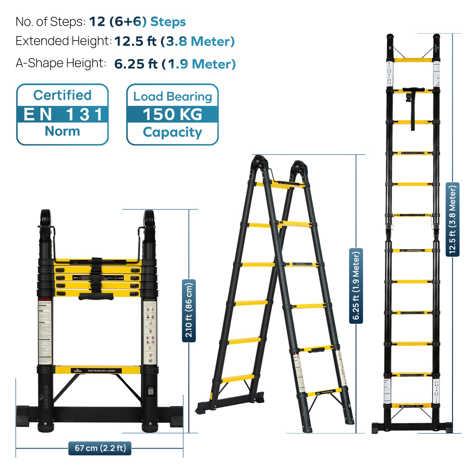 Corvids CCLT-D38IR 12.5 Ft (1.9+1.9 m) A-Type Double Iron (Carbon Steel) Telescopic Ladder, 12 Steps - photo 3