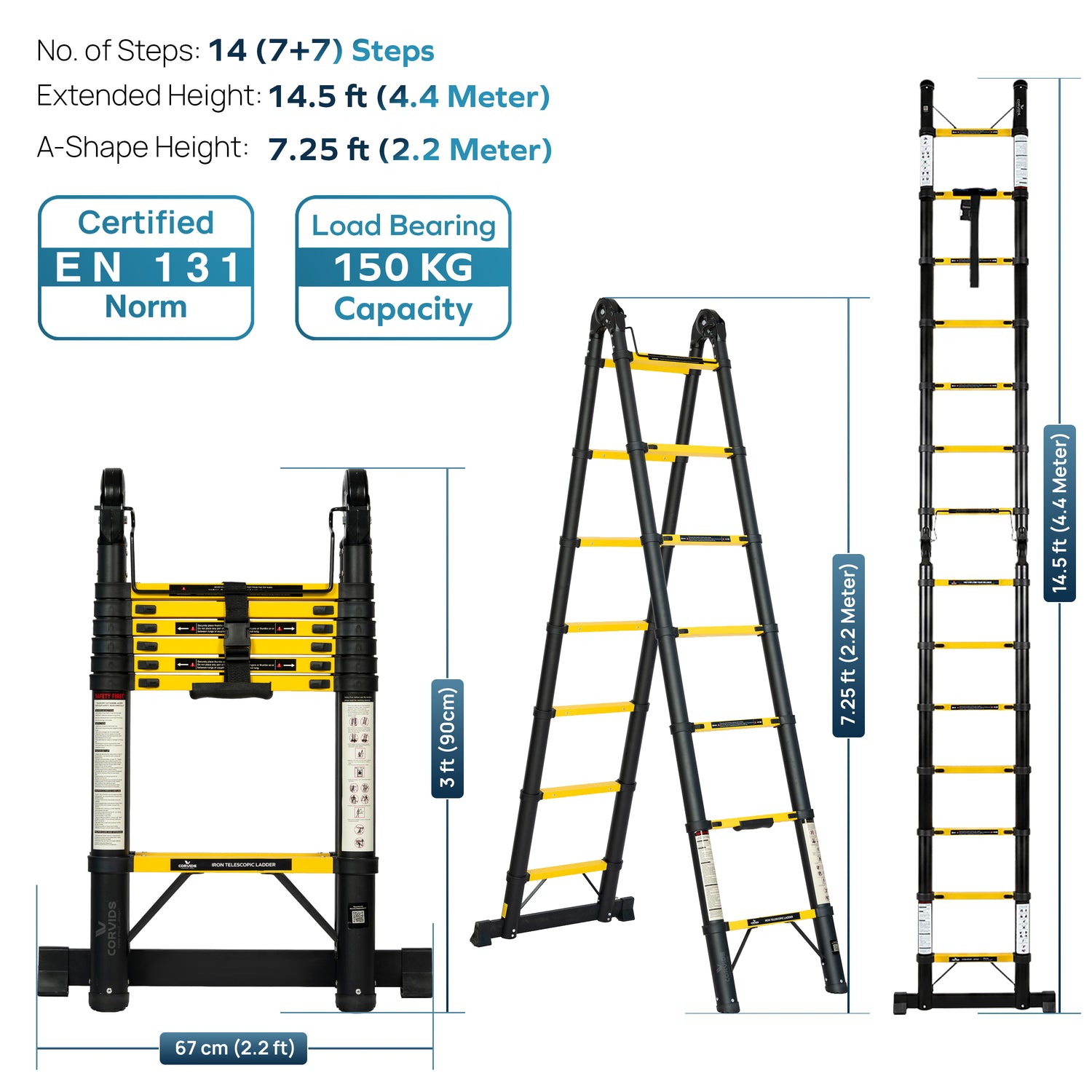 Corvids CCLT-D44IR 14.5 Ft (2.2+2.2 m) A-Type Double Iron (Carbon Steel) Telescopic Ladder, 14 Steps - photo 3