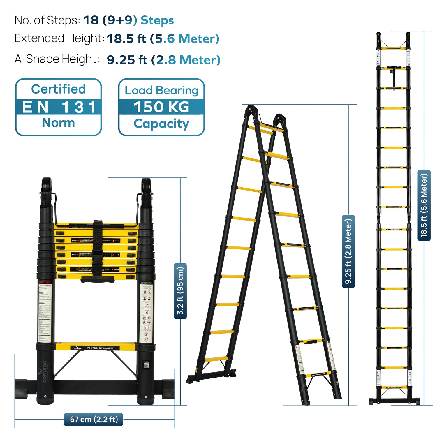 Corvids CCLT-D56IR 18.5 Ft (2.8+2.8 m) A-Type Double Iron (Carbon Steel) Telescopic Ladder, 18 Steps - photo 3
