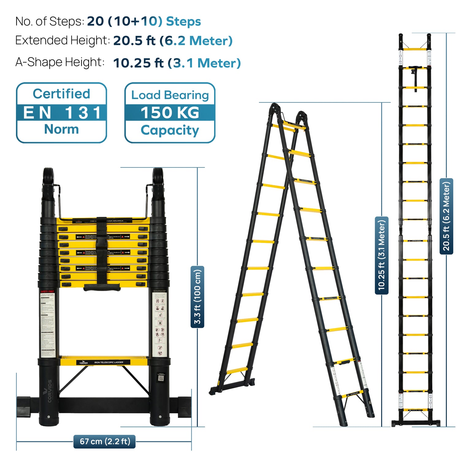 Corvids CCLT-D62IR 20.5 Ft (3.1+3.1 m) A-Type Double Iron (Carbon Steel) Telescopic Ladder, 20 Steps - photo 3