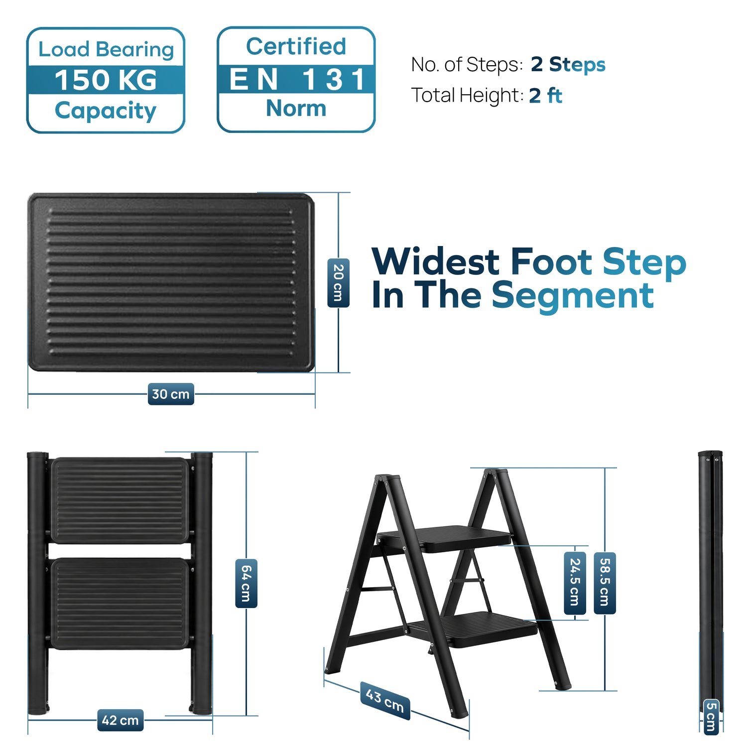 Corvids CCSL-02 2-Step Carbon Steel Folding Step Stool Ladder, 46 cm (1.5 Ft) - White/Black - photo 7