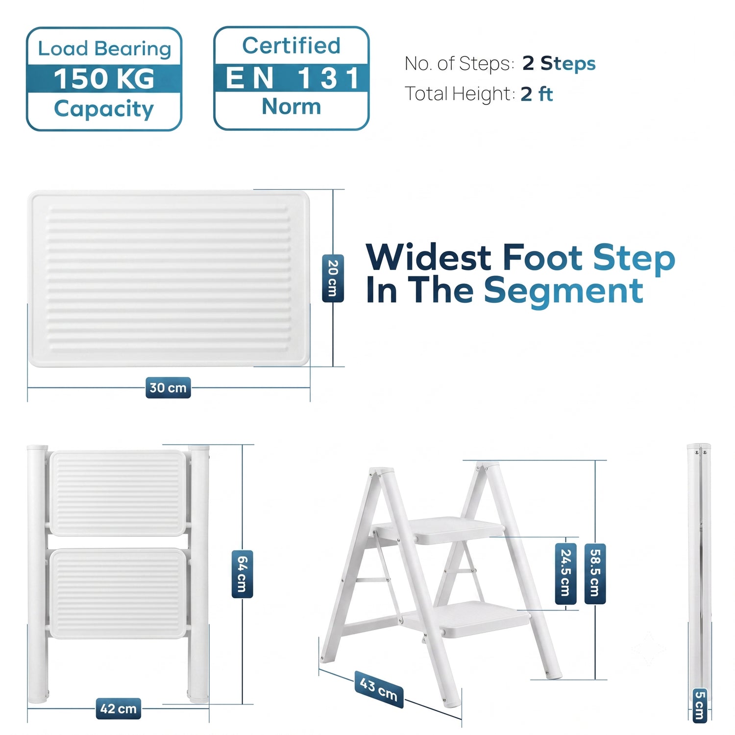 Corvids CCSL-02 2-Step Carbon Steel Folding Step Stool Ladder, 46 cm (1.5 Ft) - White/Black - photo 3