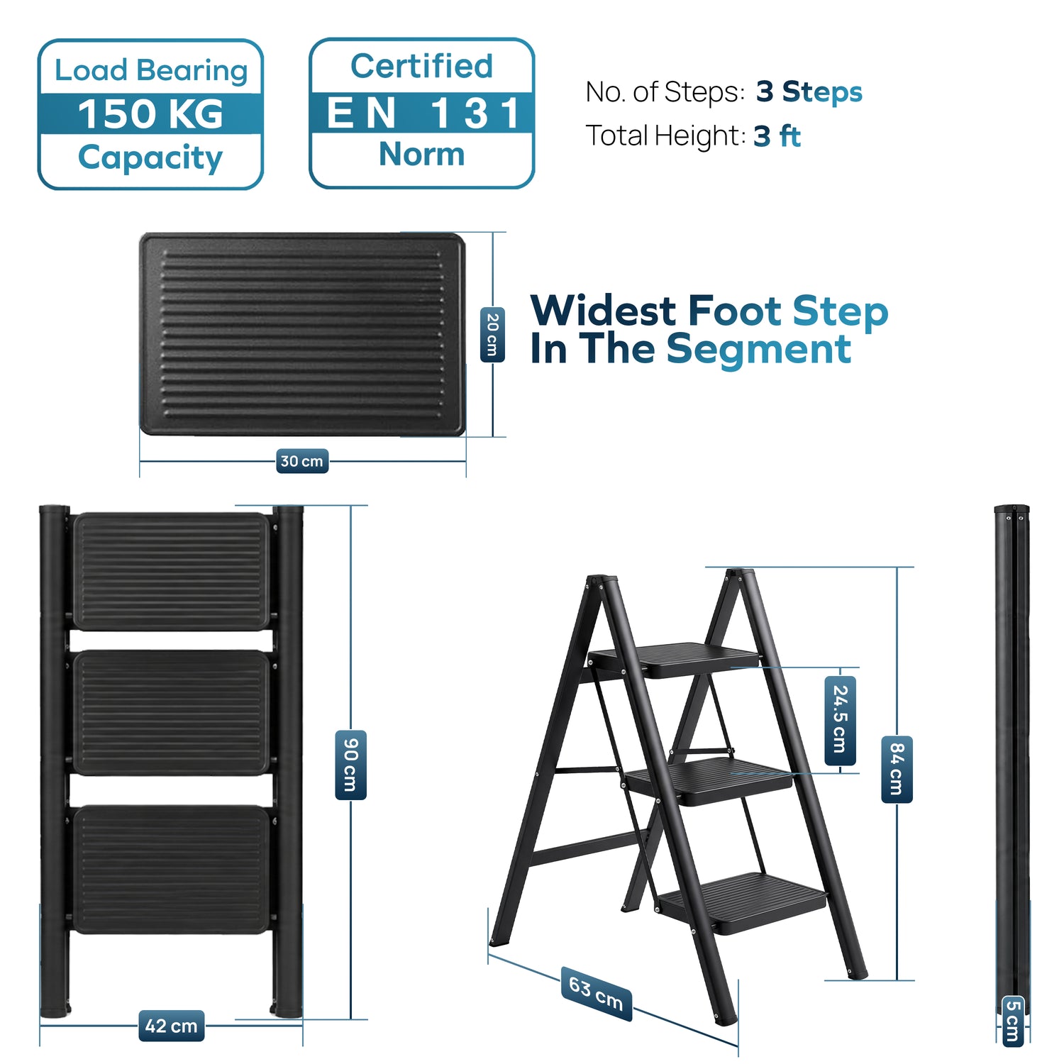 Corvids CCSL-03 3-Step Carbon Steel Folding Step Stool Ladder, 66 cm (2.2 Ft) - White/Black - photo 7