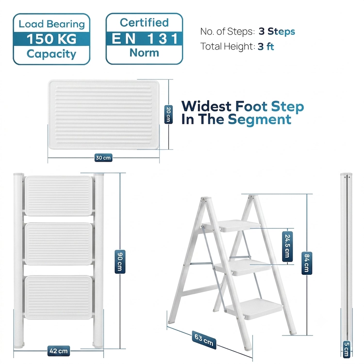 Corvids CCSL-03 3-Step Carbon Steel Folding Step Stool Ladder, 66 cm (2.2 Ft) - White/Black - photo 3