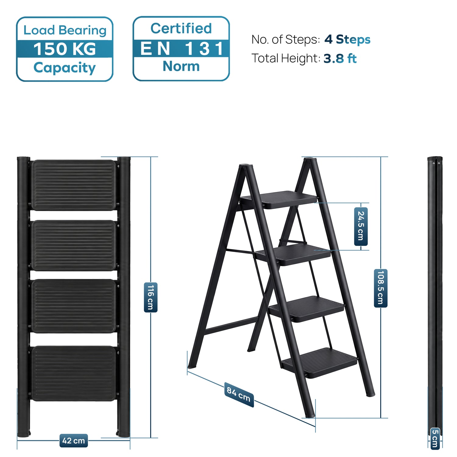 Corvids CCSL-04 4-Step Carbon Steel Folding Step Stool Ladder, 86 cm (2.8 Ft) - White/Black - photo 7