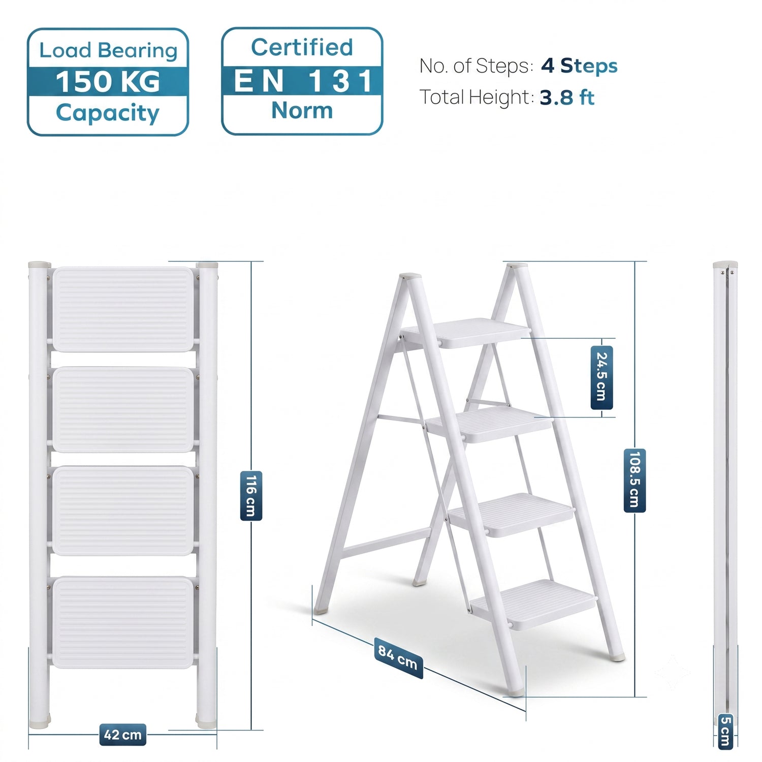Corvids CCSL-04 4-Step Carbon Steel Folding Step Stool Ladder, 86 cm (2.8 Ft) - White/Black - photo 3