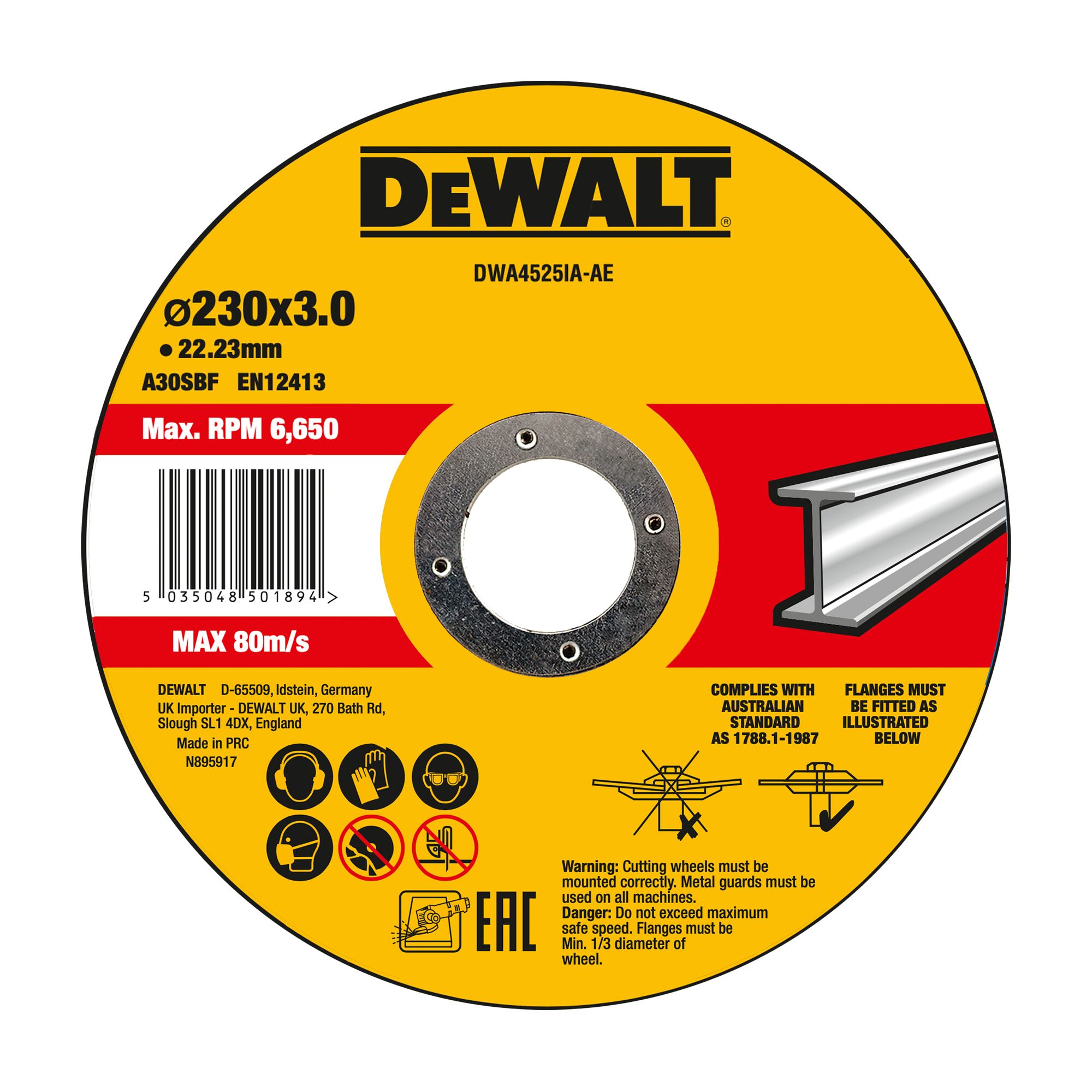 DeWALT DWA4525IA-AE Cut-Off Wheel 230x3x22.2mm (Max 6650 Rpm)