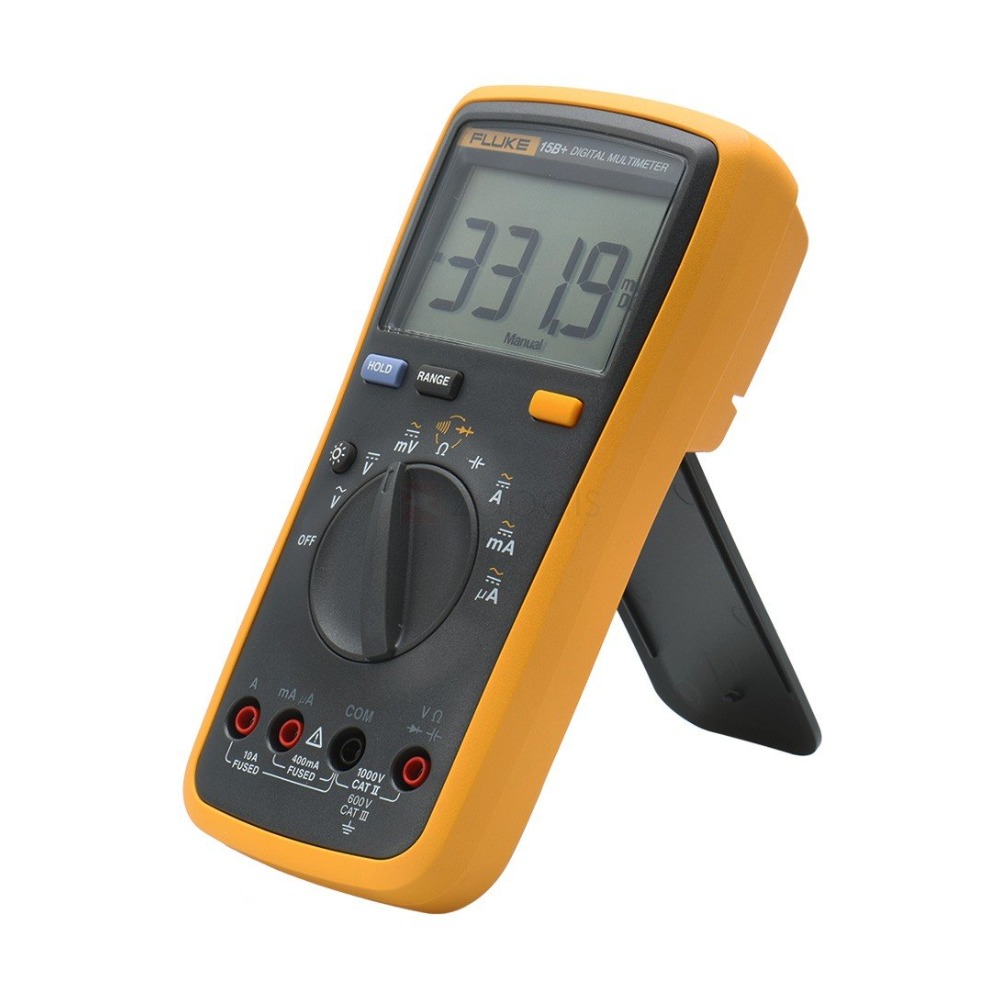 Fluke 15B+ digital multimeter side view with stand