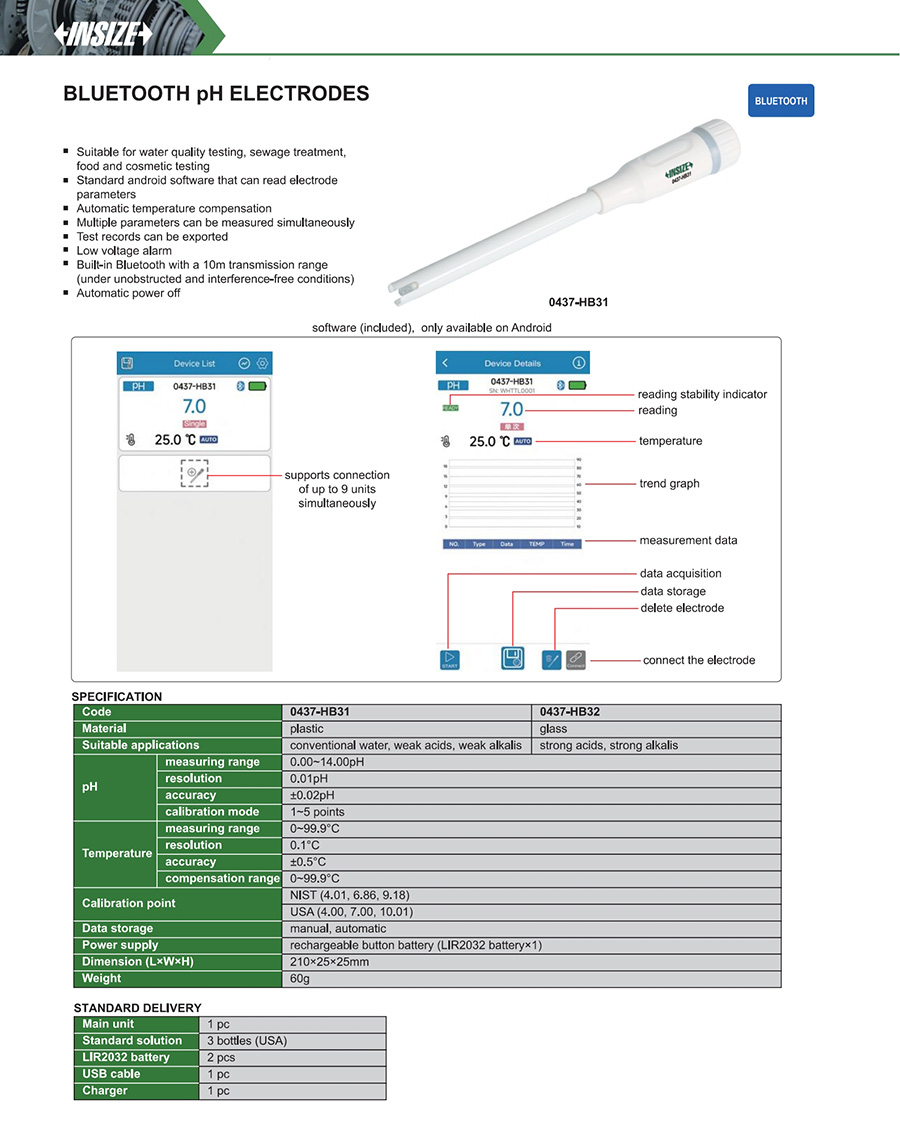 INSIZE 0437-HB32 Bluetooth pH Electrode, Glass - photo 2