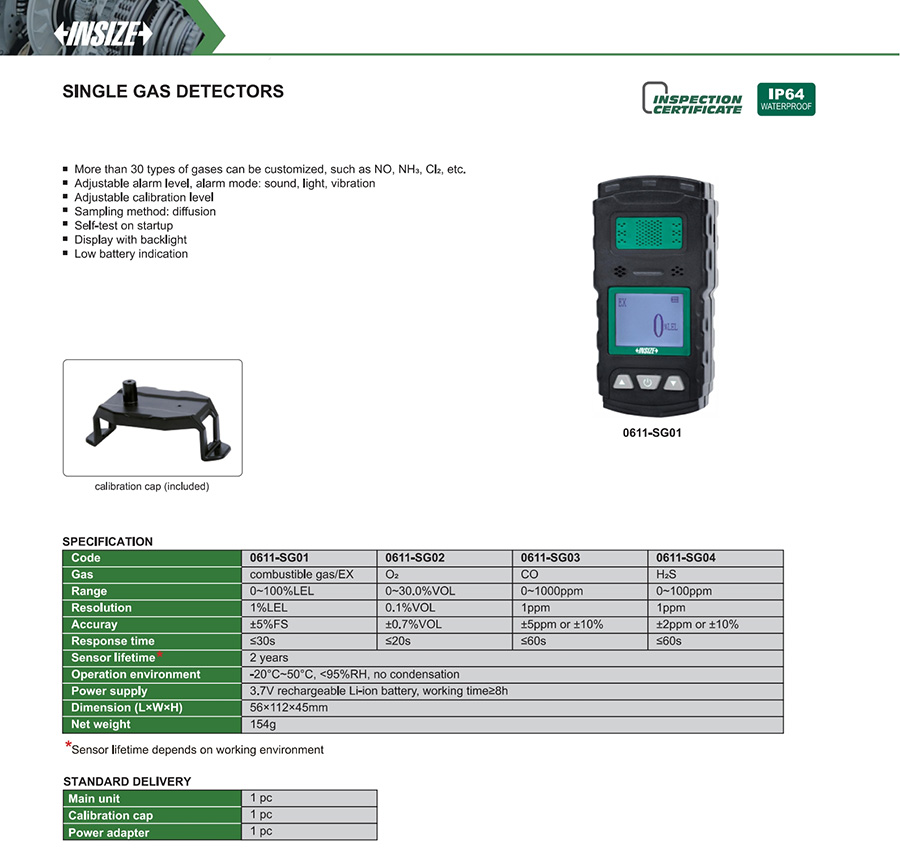 INSIZE 0611-SG04 Single Gas Detector, H2S, 0-100ppm - photo 2