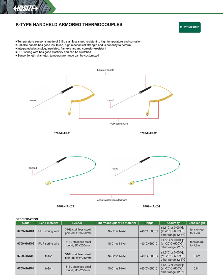 INSIZE 0709-HAK01 K-Type Handheld Armored Thermocouple -40 to 600C - photo 2