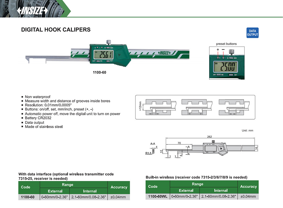 INSIZE 1100-60 Digital Hook Caliper 0-60mm/0-2.36" - photo 2