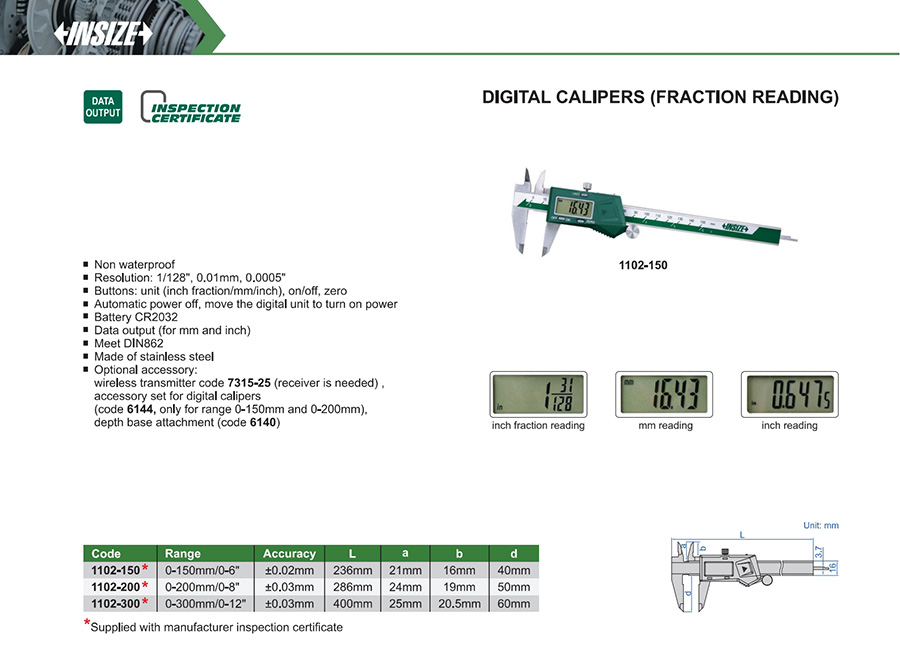 INSIZE 1102-300 Digital Calipers (Fraction Reading) 0-300mm/0-12" - photo 2