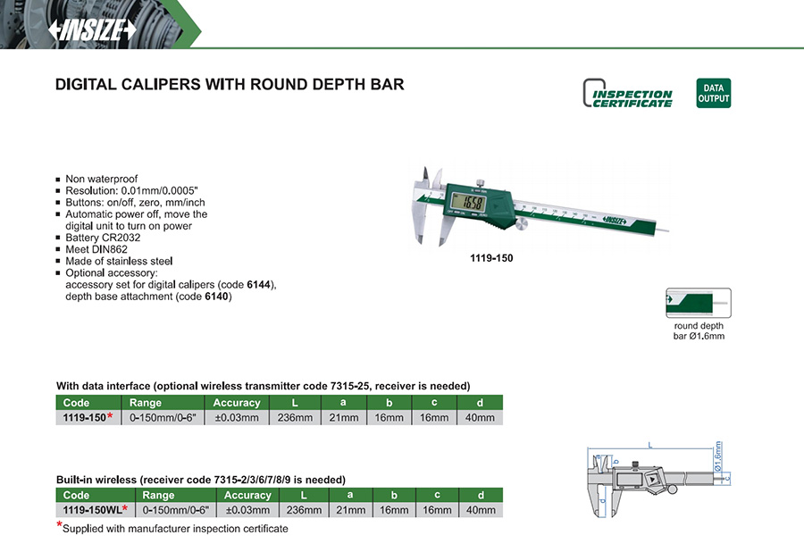 INSIZE 1119-150 Digital Caliper With Round Depth Bar 0-150mm/0-6" - photo 2