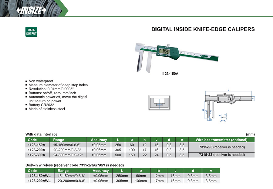 INSIZE 1123-200A Digital Inside Knife-Edge Caliper 20-200mm/0.8-8" - photo 2