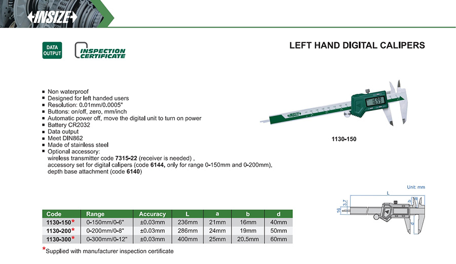 INSIZE 1130-150 Left Hand Digital Caliper 0-150mm/0-6" - photo 2