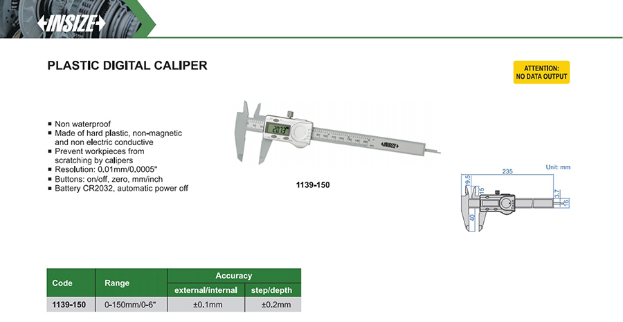 INSIZE 1139-150 Plastic Digital Caliper 0-150mm/0-6" - photo 2