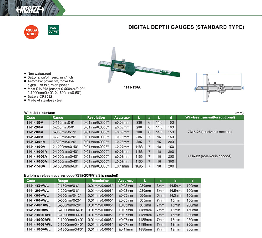INSIZE 1141-500A Digital Depth Gauges (Standard Type) 0-500mm/0-20" - photo 2