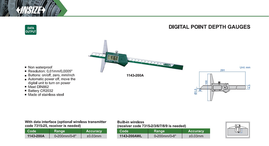 INSIZE 1143-200A Digital Point Depth Gauge 0-200 mm - photo 2