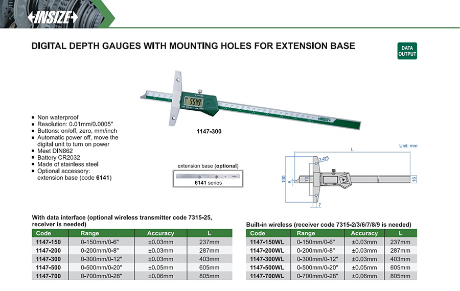 INSIZE 1147-200 Digital Depth Gauge With Mounting Holes 0-200 mm - photo 2