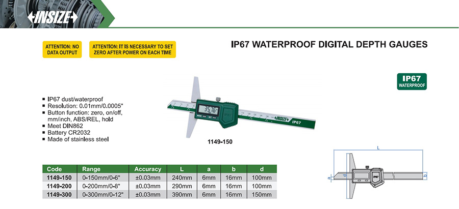 INSIZE 1149-300 IP67 Waterproof Digital Depth Gauge 0-300 mm - photo 2