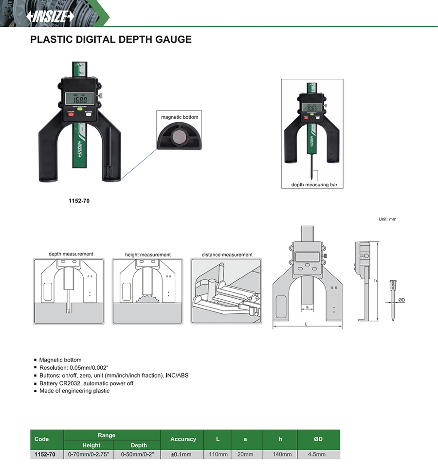INSIZE 1152-70 Plastic Digital Depth Gauge 0-70 mm - photo 2