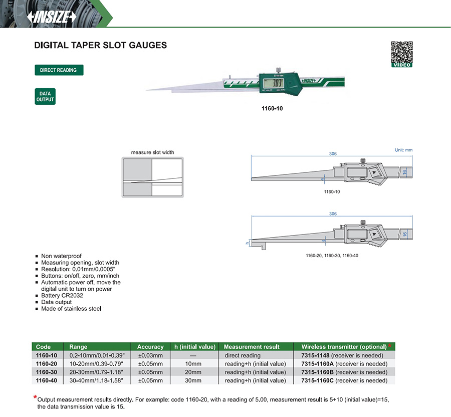 INSIZE 1160-10 Digital Taper Slot Gauges 0.2-10mm/0.01-0.39" - photo 2