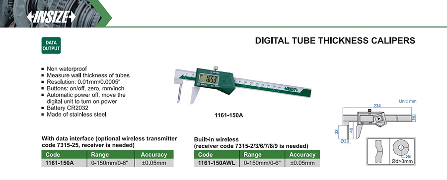 INSIZE 1161-150A Digital Tube Thickness Caliper 0-150 mm - photo 2