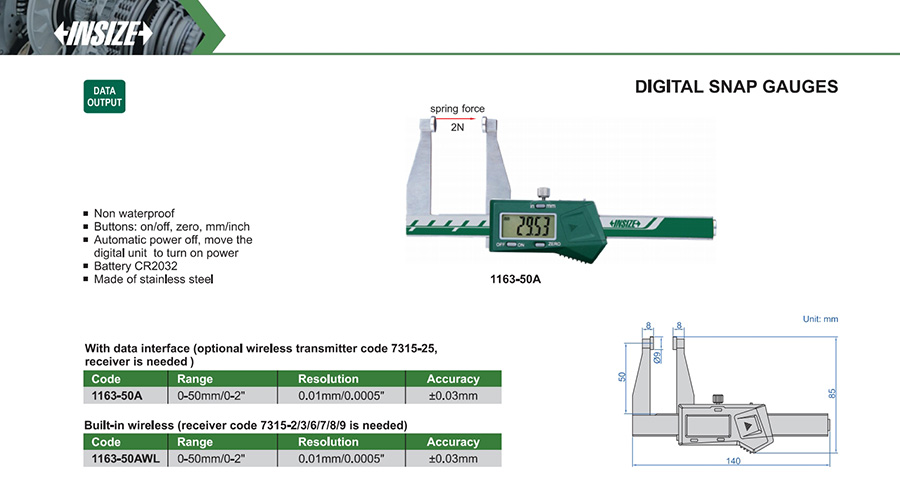 INSIZE 1163-50A Digital Snap Gauge, 0-50mm/0-2" - photo 2