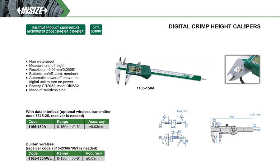 INSIZE 1165-150A Digital Crimp Height Caliper 0-150mm/0-6" - photo 2