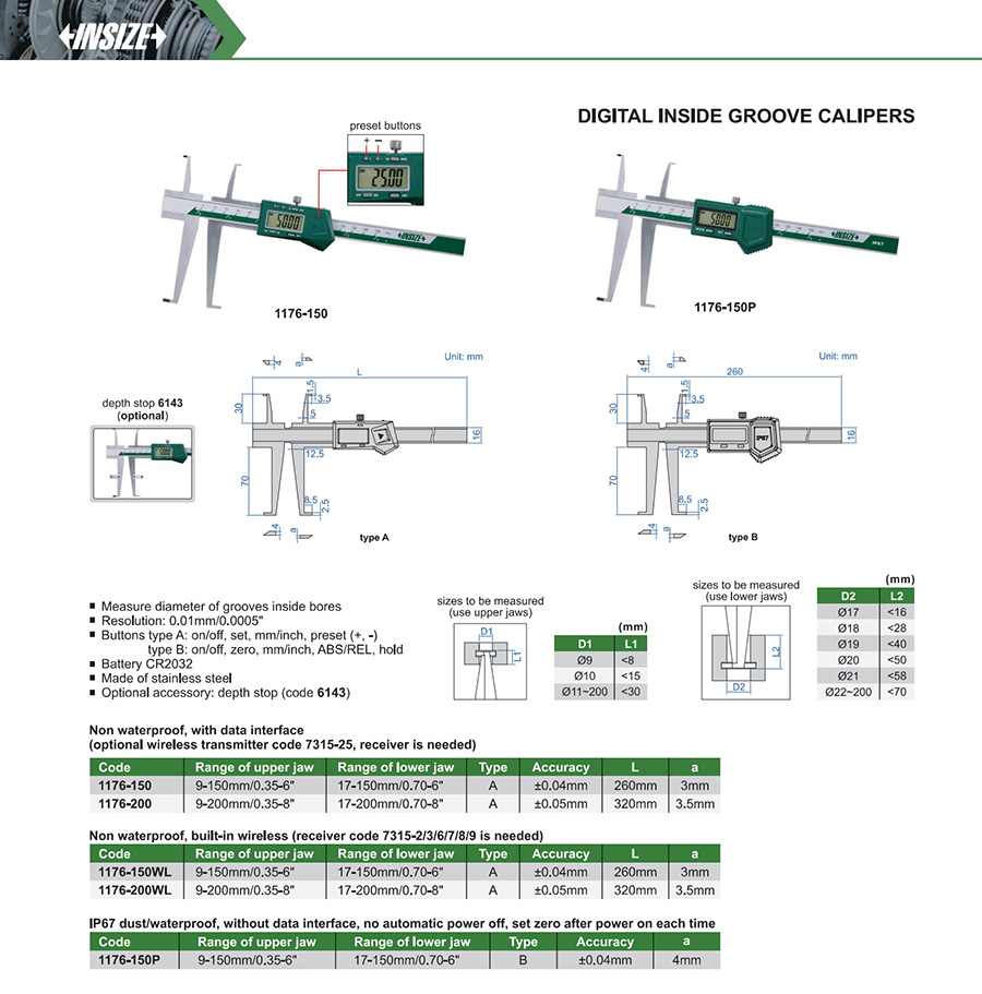 INSIZE 1176-150 Digital Inside Groove Caliper 9-150mm/0.35-6" - photo 2