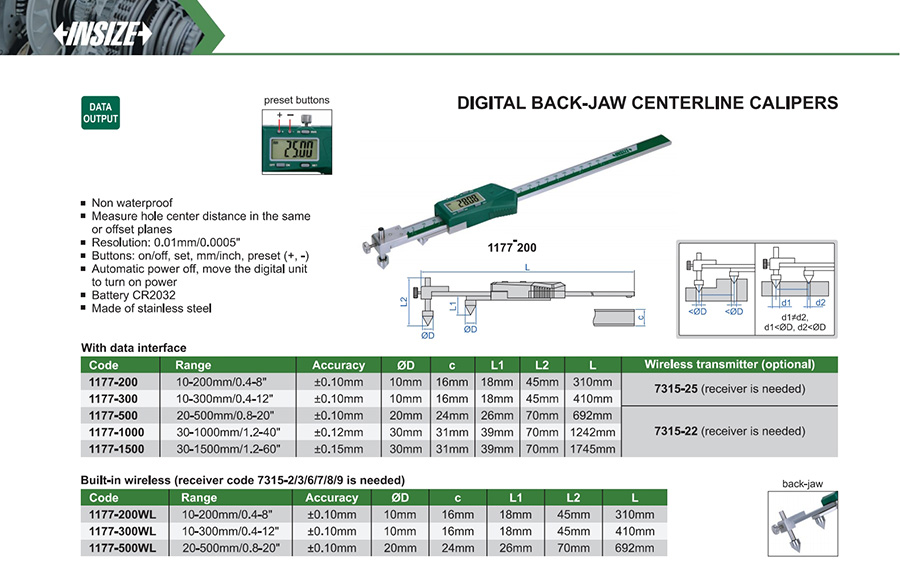 INSIZE 1177-200 Digital Back-Jaw Centerline Caliper 10-200mm/0.4-8" - photo 2