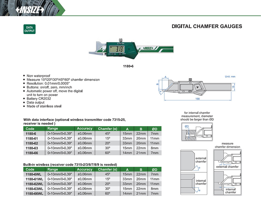INSIZE 1180-63 Digital Chamfer Gauge 30° 0-10mm - photo 2