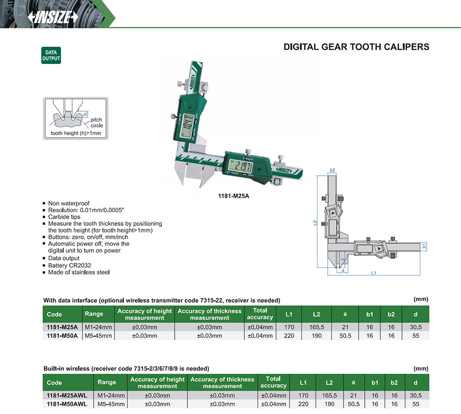 INSIZE 1181-M25A Digital Gear Tooth Caliper M1-24 mm - photo 2