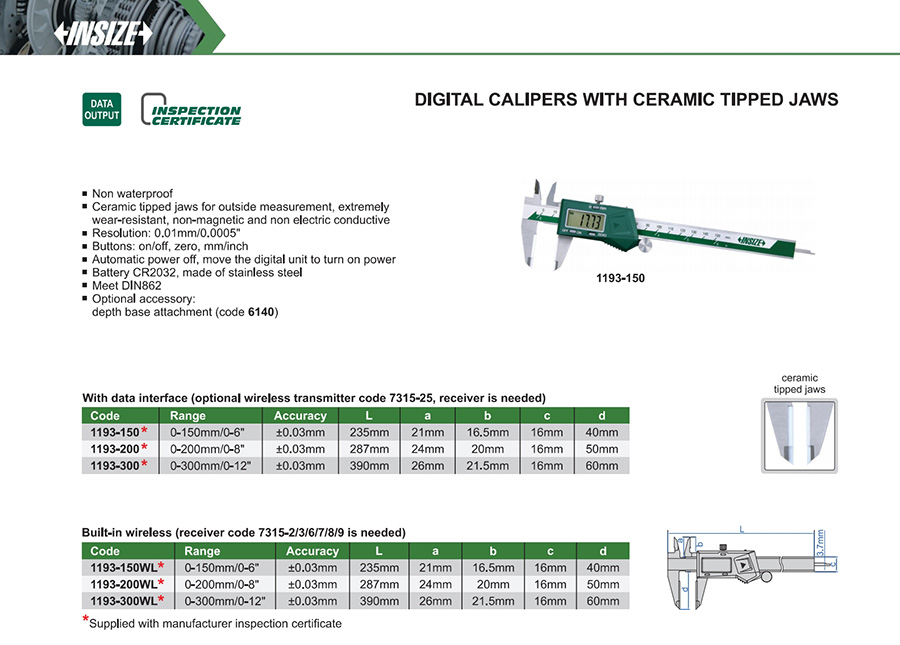 INSIZE 1193-300 Digital Calipers With Ceramic Tipped Jaws 0-300mm/0-12" - photo 2