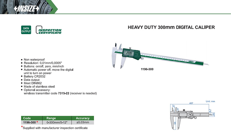 INSIZE 1196-300 Heavy Duty 300mm Digital Caliper 0-300mm/0-12" - photo 2