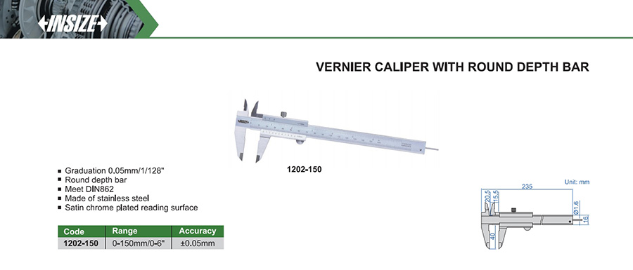 INSIZE 1202-150 Vernier Caliper With Round Depth Bar 0-150mm/0-6" - photo 2